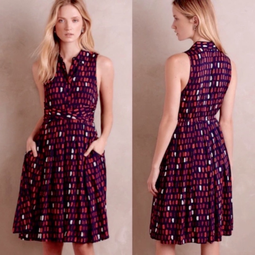 Anthropologie Tylho Brynn Blue Marin Mod Retro Collared Pleated Shirt Dress M